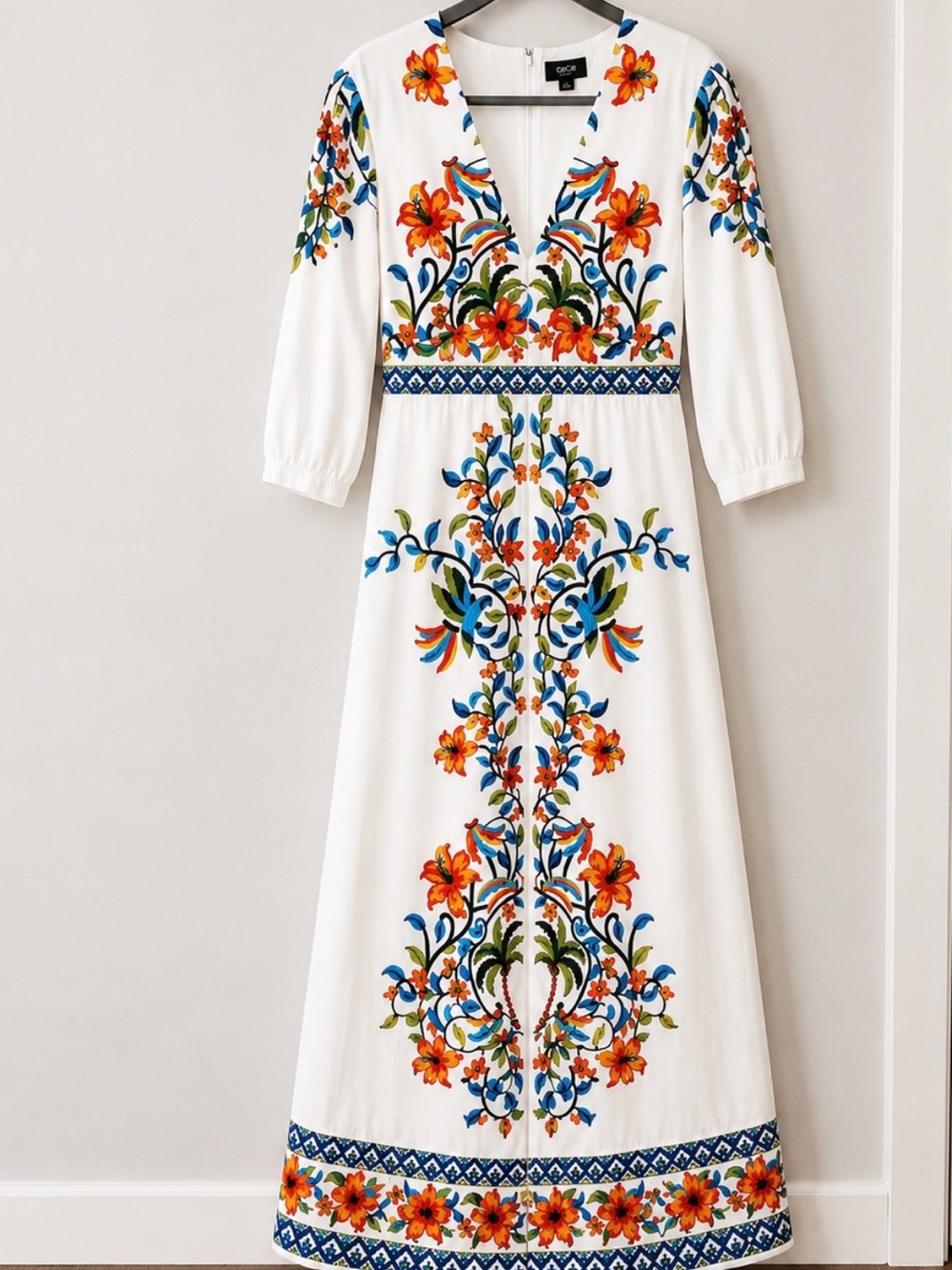 CeCe White Maxi Dress with Orange & Blue Floral Embroidery - Picture 2 of 5